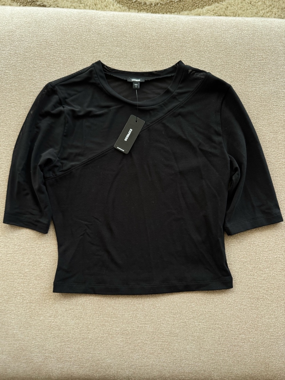 NWT Express Black Cropped Asymmetrical Stitch-Panel Top